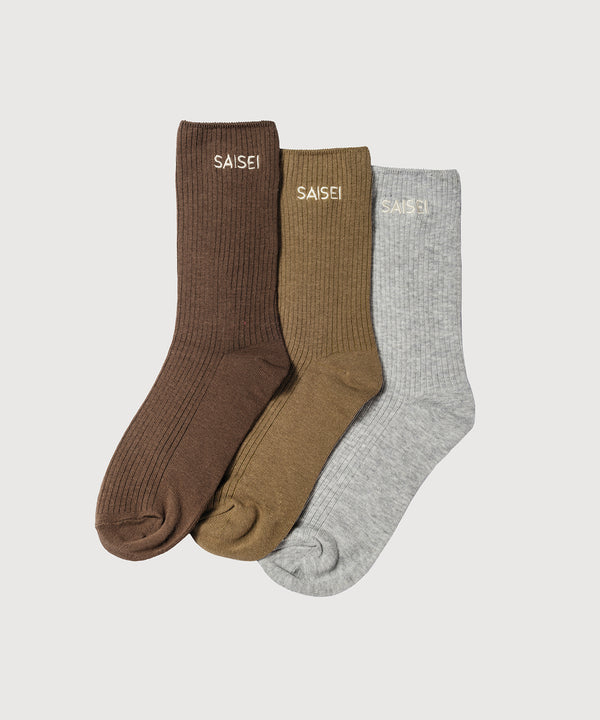 Soft Rib Socks - 3 Pack - Brown / Khaki / Heather Grey